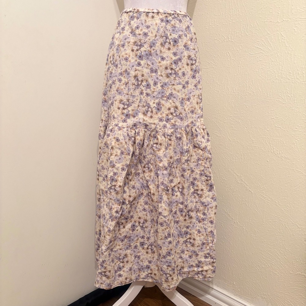 H&M XL Linen Cotton Purple Lilac Cream Floral Tiered Maxi Skirt Cottagecore Boho